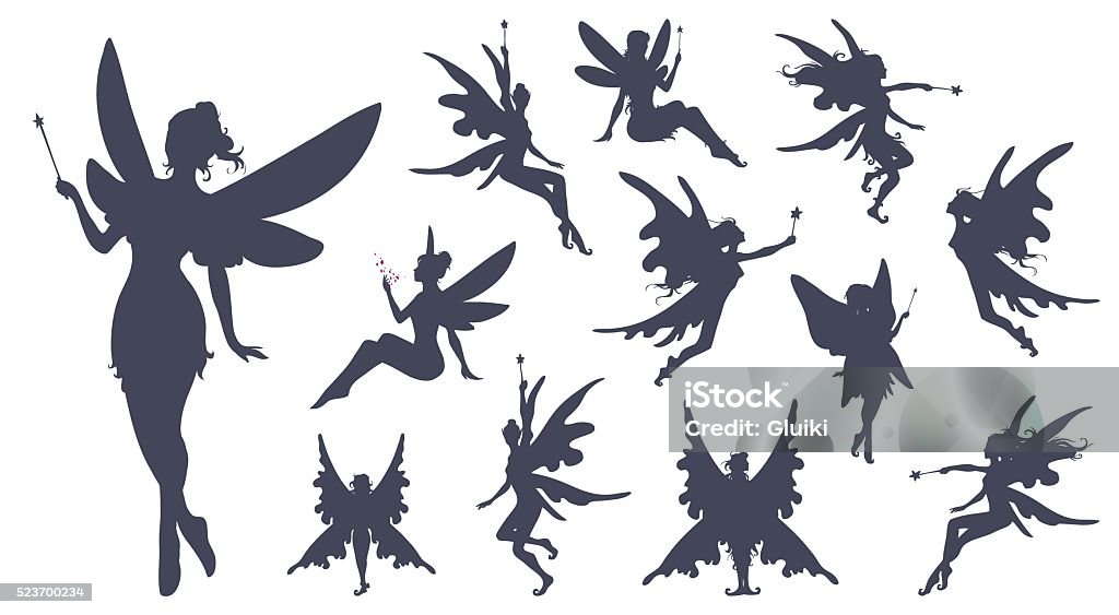 Fairies silhouette collection. Cute Fairies silhouette collection, Little fairies set. Hand drawn vector illustration. Fairy stock vector