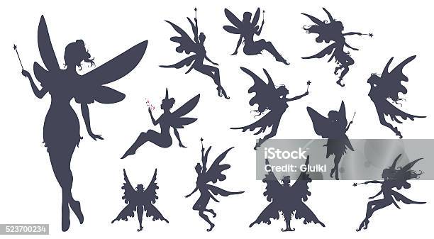 Fairies Silhouette Collection Stock Illustration - Download Image Now - Fairy, In Silhouette, Elf