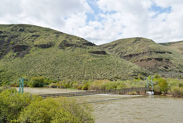Footbridge Over the Yakima River East of the Cascade Mountains, Washington’s climate is arid and the terrain is desert-like. Summertime temperatures can exceed 100 degrees Fahrenheit in regions such as the Yakima Valley and the Columbia River Plateau. This is an area of rolling hills and flatlands. During the last Ice Age, 18,000 to 13,000 years ago, floods flowed across this land, causing massive erosion and leaving carved basalt canyons, waterfalls and coulees known as the Channeled Scablands. This scene of the Yakima River was photographed from Umtanum Creek Canyon in the L. T. Murray State Wildlife Recreation Area between Ellensburg and Yakima, Washington State, USA. jeff goulden washington state desert stock pictures, royalty-free photos & images