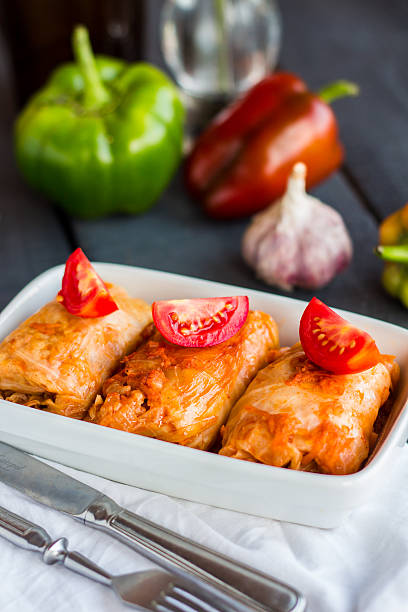istock stewed stuffed cabbage with meat and tomatoes, Russian cuisine 523706187