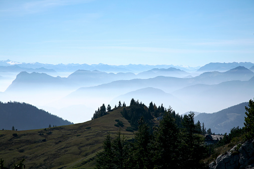 View over the Alps. Early morning with fog in the valleys.