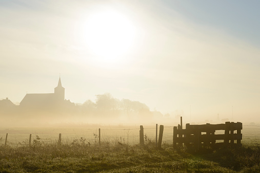 Early morning fog in the fields in front of the village of Wilsum in the delta of the river IJssel in The Netherlands.