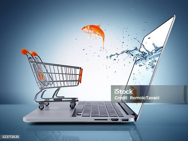 Goldfish In Cart Ecommerce Concept Purchase With Laptop Stock Photo - Download Image Now