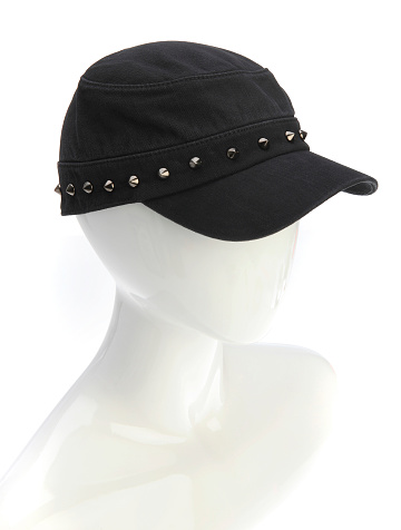 Black Cap with metal stud with Mannequin head on a white background