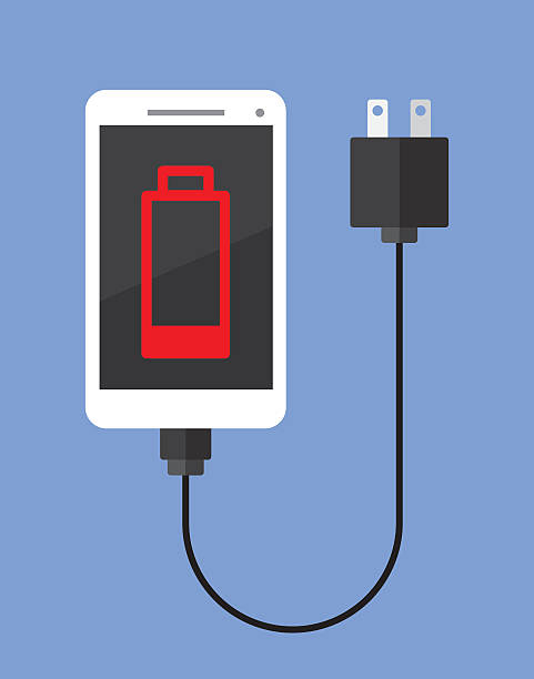 Smartphone Low Battery Vector illustration of a smartphone attached to a plug with a red low battery sign on the screen. cartoon of the mobile phone charger stock illustrations