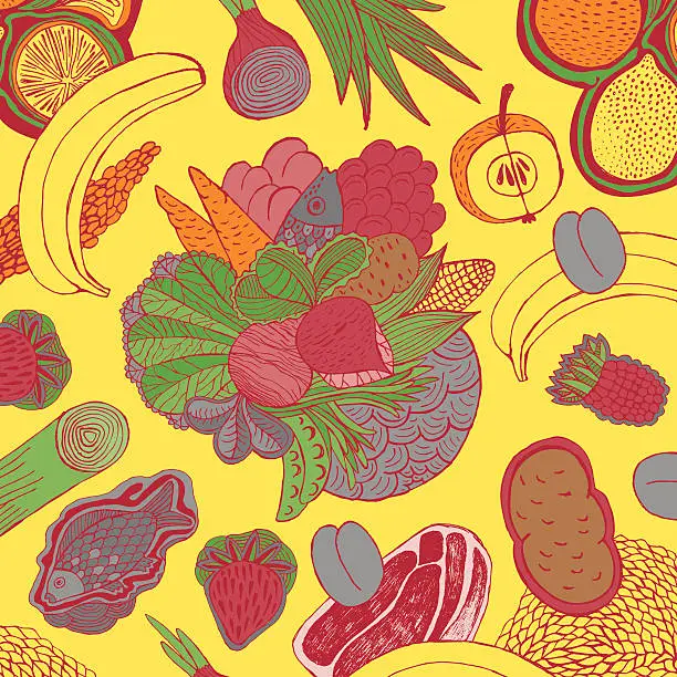 Vector illustration of Fruit, vegetables, meat and fish