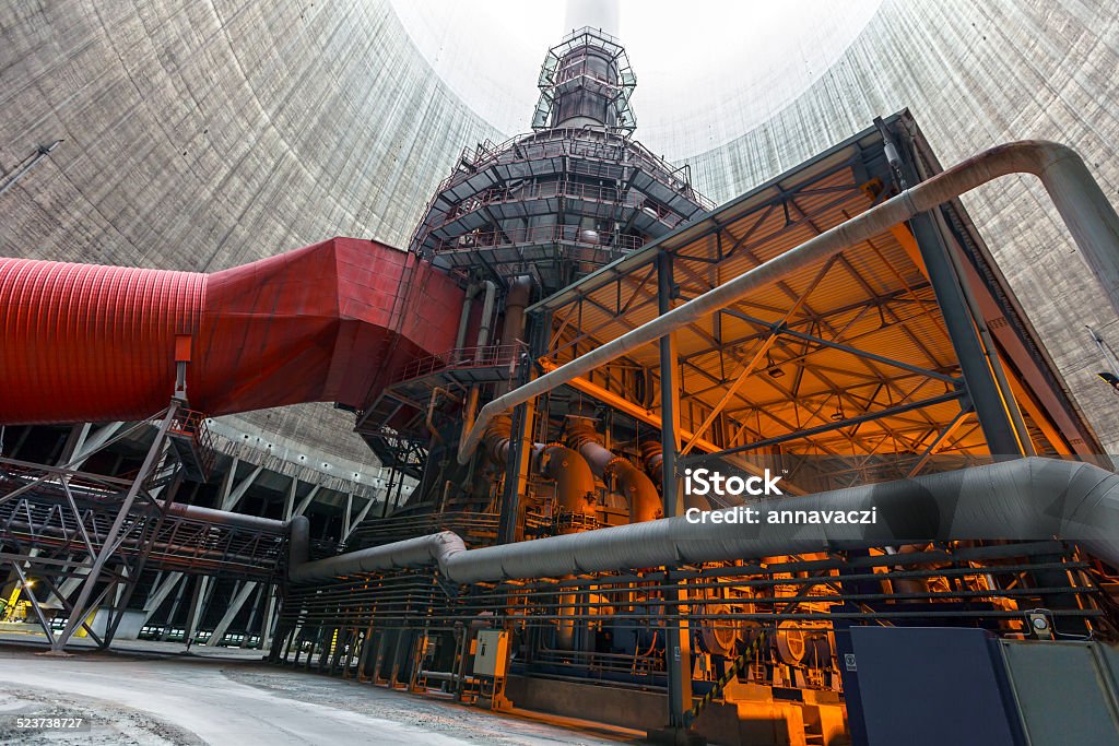 Thermal power plant interior Thermal power plant with large chimney Nuclear Power Station Stock Photo