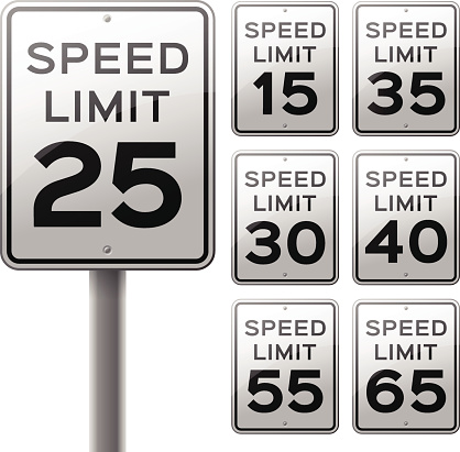Speed limit signs - 15, 25, 30, 35, 40, 55, 65 or any speed you choose! EPS 10 file. Transparency effects used on highlight elements.