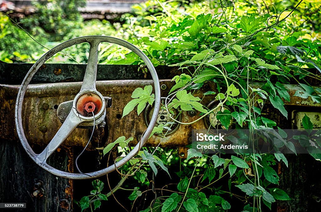 Vecchio Arrugginito interno veicolo Coperto di vegetazione - Foto stock royalty-free di Abbandonato