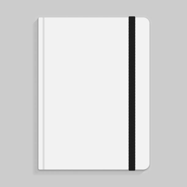 Black copybook with elastic band bookmark. Vector illustration. Realistic white copybook with elastic band bookmark. Diary author for office information. Concept design gray planner for college. Closed textbook. Abstract vector illustration on background. EPS10 report templates stock illustrations
