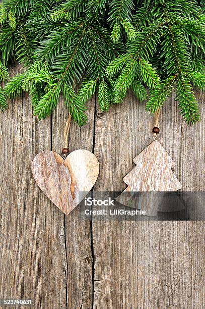 Fresh Christmas Tree Branch With Vintage Decoration Stock Photo - Download Image Now