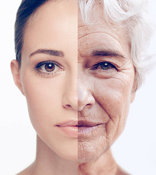 Age is mind over matter Cropped composite image of a woman when she was young and old aging process stock pictures, royalty-free photos & images