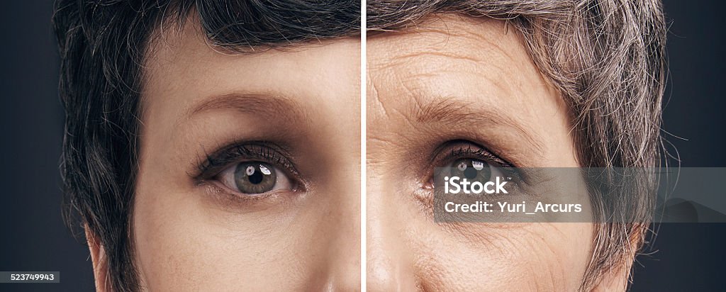 Aging gracefully A split image of a young woman and older woman Split Screen Stock Photo