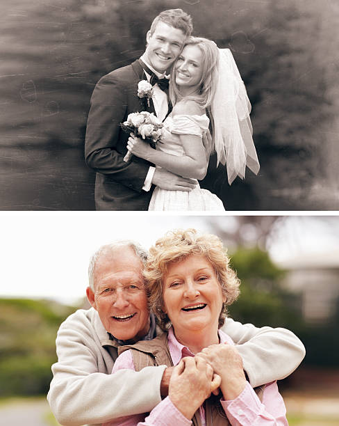 The first day of the rest of our lives A photograph of a couple as they are today next to their wedding photograph wedding photos stock pictures, royalty-free photos & images