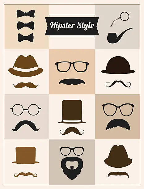 Vector illustration of Hipster style mustache hat sunglasses vector set