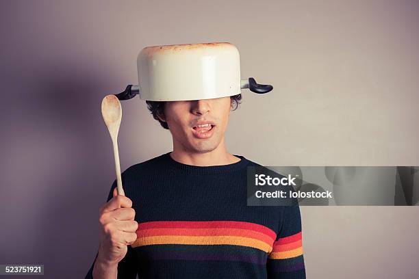Silly Young Man With Pot On His Head Stock Photo - Download Image Now - Careless, Fool, Men