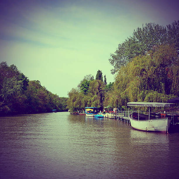 istock Boat trip on the river in retro style 523752313