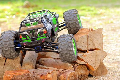 Ambronay, France - October 19, 2014: Four-wheel drive (4x4) electric radio remote controlled car. 