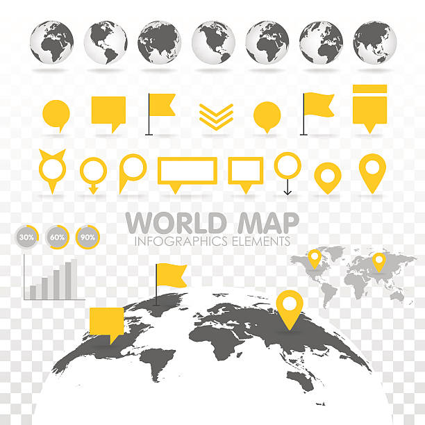 illustrations, cliparts, dessins animés et icônes de monde carte 3d avec groupe de infographie éléments. - repère