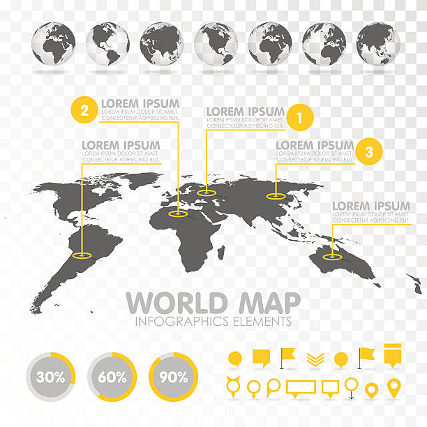 ilustraciones, imágenes clip art, dibujos animados e iconos de stock de mapa del mundo 3d con conjunto de infografías elementos. - world location