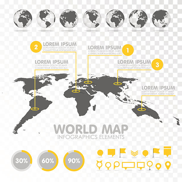 ilustrações de stock, clip art, desenhos animados e ícones de mundo mapa 3d com infographics conjunto de elementos. - direction symbol famous place targeted