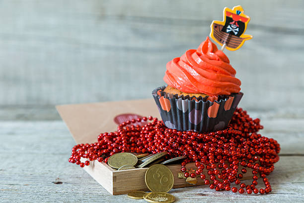 Colorful pirate theme birthday cupcakes, copy space