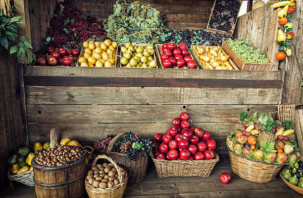 istock Various fresh fruits in the wicker baskets and crates 523766650