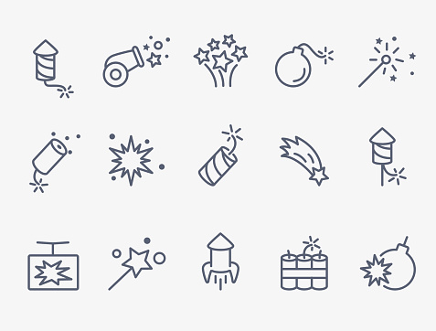 pyrotechnic and firework icons. thin lines