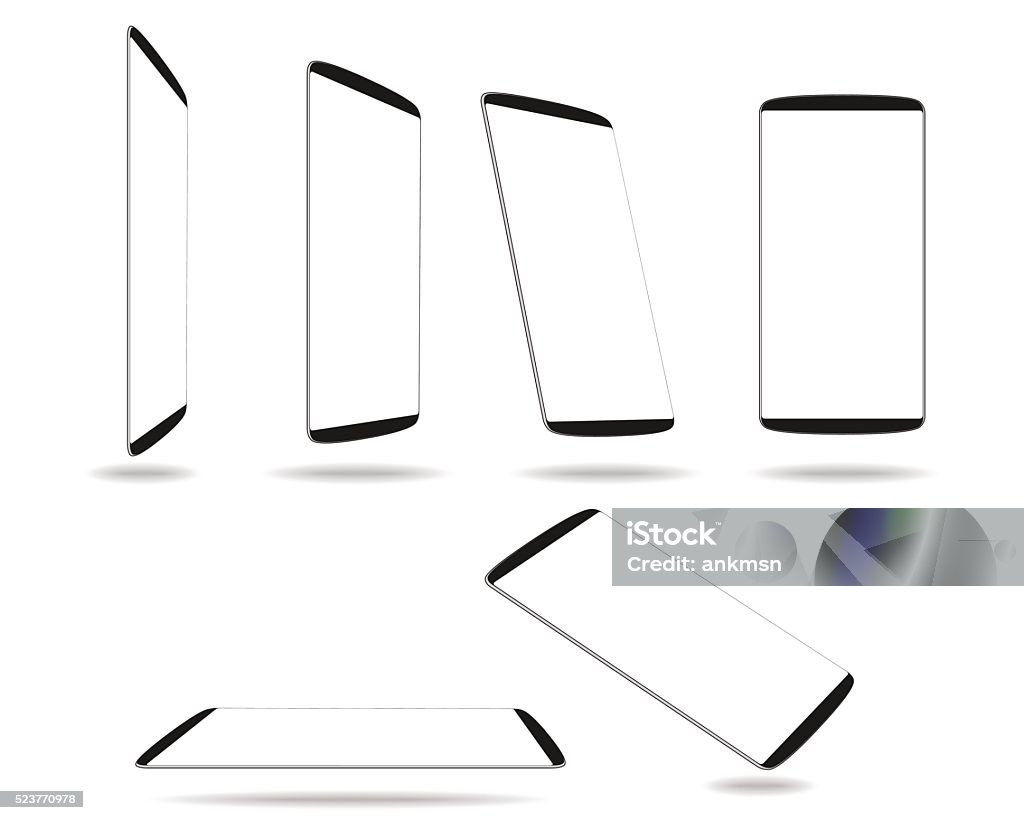 Set new smartphones different angles views isolated on white template Set new smartphones different angles views isolated on white template. Vector illustration. EPS 10. No transparency. No gradients. Raw materials are easy to edit. 2016 stock vector