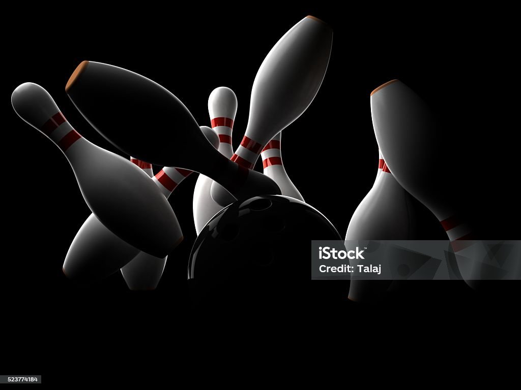 Bowling Bowling strike isolated on black background Bowling Pin Stock Photo