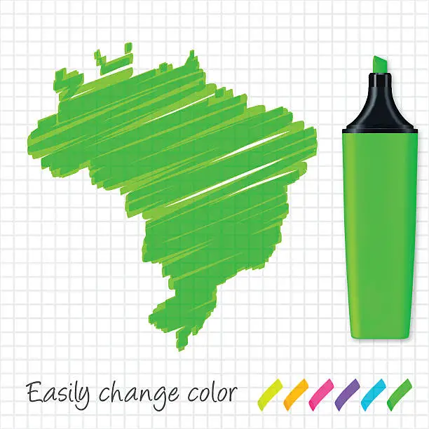 Vector illustration of Brazil map hand drawn on grid paper, green highlighter