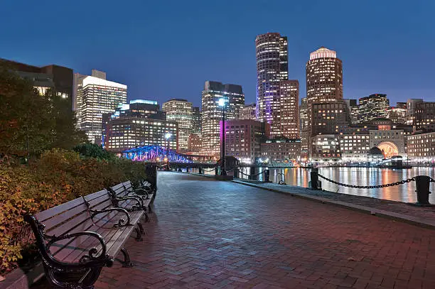 Photo of Boston Harbor and Financial District at dusk