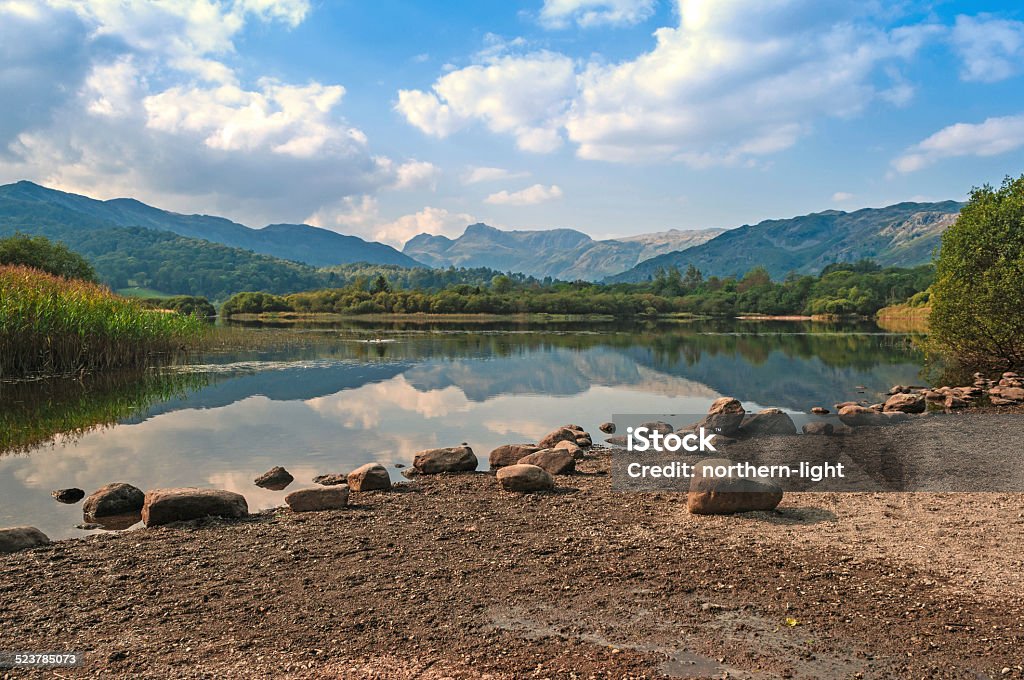 Still,Calm Lake,Mirrored Mountain Reflections Still,Calm Lake,Mirrored Mountain Relections,Elterwater reflecting The Langdale Pikes,English Lake District,National Park,Cumbria Elterwater Stock Photo