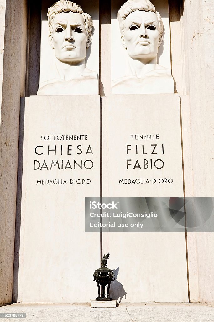 World War 1 Centenary busts in bas-relief of two Italian Heroes of the 1st World War, Second Lieutenant and Lieutenant Damian Church Filzi Fabio, who died for freedom, for an ideal against the occupation of Austria.  Rovereto, Trentino, Italy Army Stock Photo