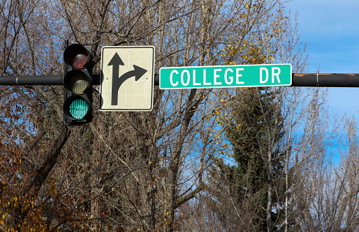 College drive street sign with traffic light showing green.
