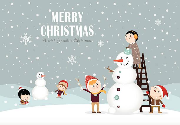 Snowman and kids C Illustration of kids making a snowman in winter. december clipart pictures stock illustrations