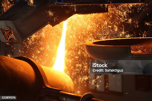 Molten Metal Poured At Foundry Stock Photo - Download Image Now - Aluminum, Furnace, Foundry