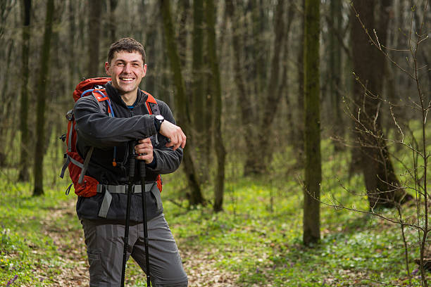 istock Male hiker looking to the side walking in forest 523821930