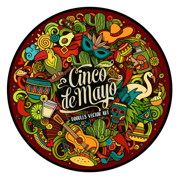 Cinco de Mayo. Cartoon illustration Cinco de Mayo. Cartoon vector hand drawn Doodle illustration. Colorful detailed round design background with objects and symbols. All objects are separated latin american and hispanic culture illustrations stock illustrations