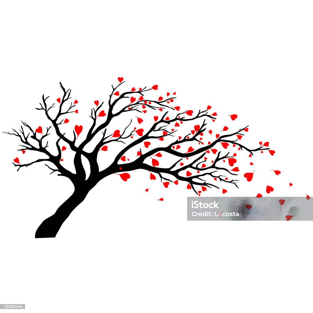 Tree in wind with flying hearts Vector Tree Silhouette Isolated on White Backgorund. Autumn stock illustration