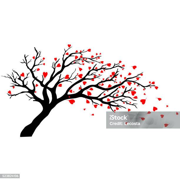 Tree In Wind With Flying Hearts Stock Illustration - Download Image Now - Autumn, Branch - Plant Part, Curve