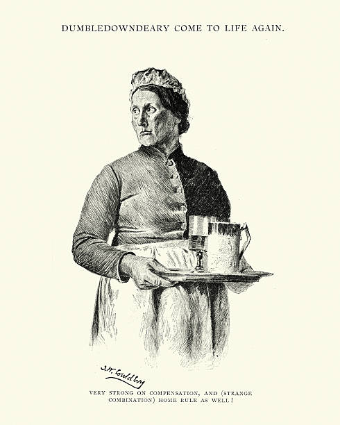 Victorian pub landlady with a tray of drinks Vintage engraving of a Victorian pub landlady with a tray of drinks, from Dumbledownbeary come to life again. 1892 bartender illustrations stock illustrations