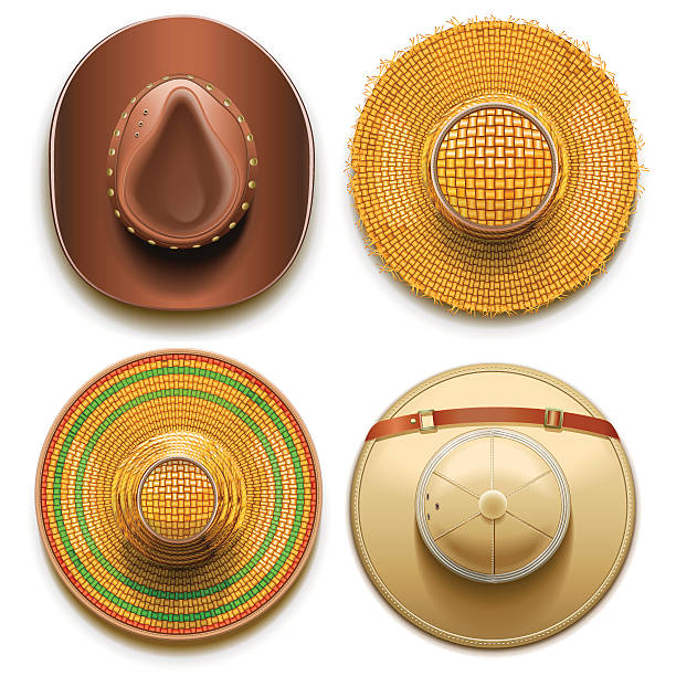 Vector set of four hats top view, including cowboy, safari, straw and sombrero hat, isolated on white background