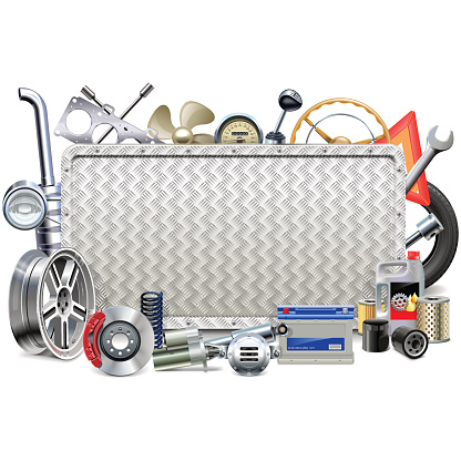 Vector Metal Board with Car Parts, including disk brake, tire, battery, mufler, oil, filter, speedometer, fan, headlamp, starter, spanner, road sign, spring, car horn and other, isolated on white background