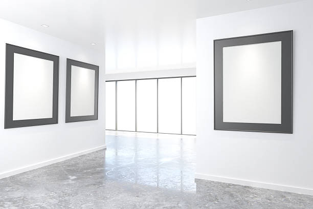 istock Empty bright art gallery with blank pictures 523827578