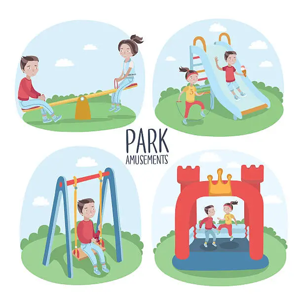 Vector illustration of Kids playground elements and kids playing