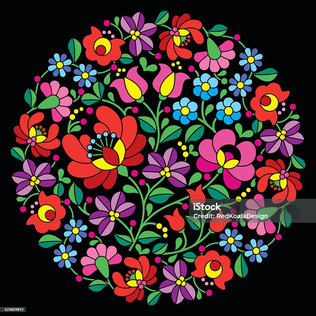 Kalocsai folk art embroidery - Hungarian pattern Vector background - traditional pattern from Hungary isolated on black background Hungary stock vector