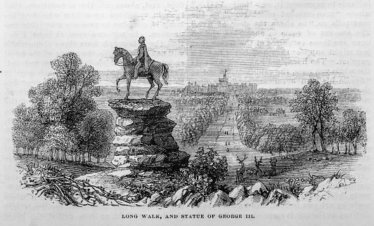Long Walk, the tree lined avenue, was planted by Charles II and runs from the   statue of George lll to Windsor Castle. The huge equestrian statue of George III was commissioned by his son George IV and erected on Snow Hill.  This illustration was published in the December 1875 issue  of Harper's New Monthly Magazine.