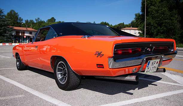 Dodge Charger Gorizia, Italy - June 8, 2014: Dodge Charger rear view, parked and exhibited at the old timer car meeting Antiche Scuderie Isontine in the town of Gorizia in Italy. dodge charger stock pictures, royalty-free photos & images