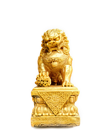 Chinese gold lion isolated on white background, selective focus on the head of a lion.